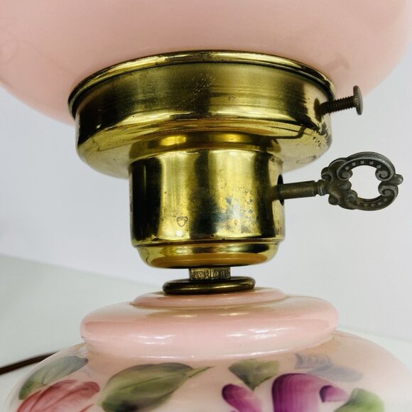 Vintage Hurricane Lamp 12.5” Pink Floral Hand Painted Glass Brass Electric - Picture 6 of 10